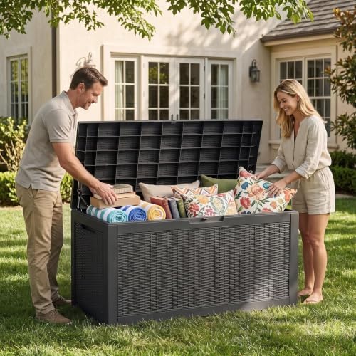 vixzen versatile resin deck box, all weather lockable shown in use