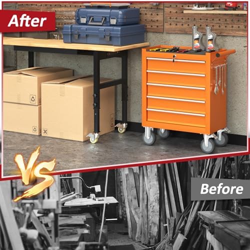 5 drawers rolling tool chest with wheels, portable, front angle view