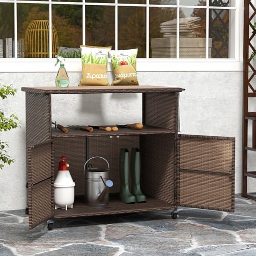 happygrill outdoor storage cabinet with wheels, pe rattan, close-up detail