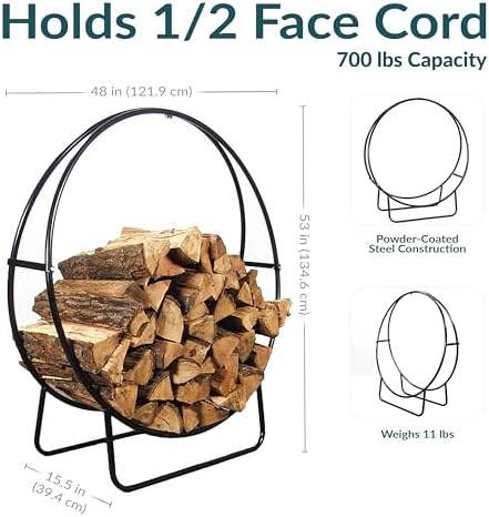 sunnydaze outdoor firewood rack, heavy-duty steel, 48” diameter shown in use