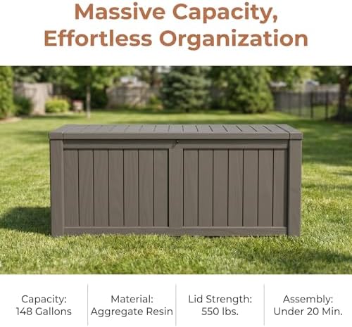 148 gallon resin deck box - outdoor storage shown in use