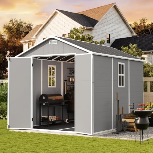 udpatio storage shed 8 x 10 ft, resin, front angle view