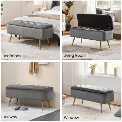 yaheetech storage ottoman bench for bedroom, velvet end, front angle view