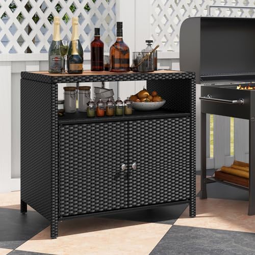 happygrill outdoor rattan storage cabinet, patio sideboard buffet, side view