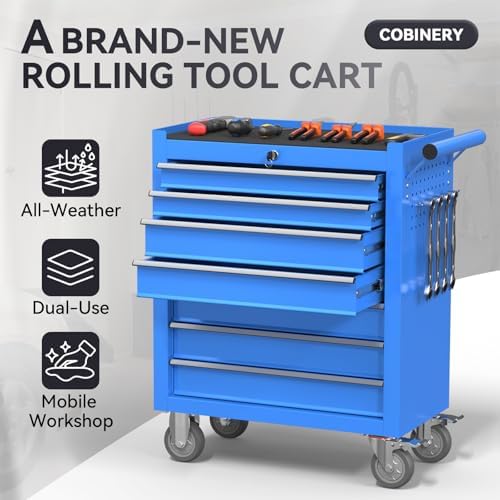 7-drawer rolling tool chest with wheels, metal tool, close-up detail