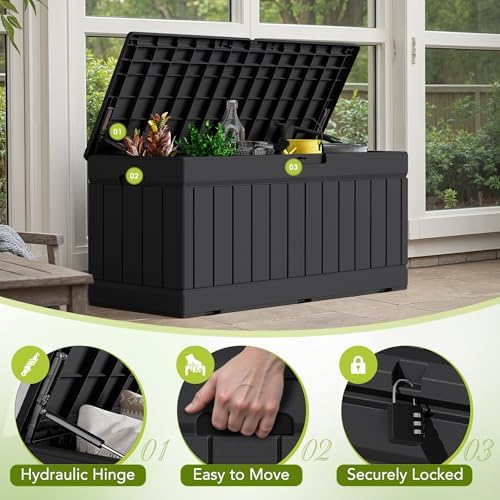devoko 78 gallon deck box, waterproof resin outdoor shown in use