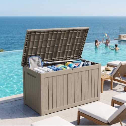 270 gallon outdoor storage box waterproof, lockable resin shown in use