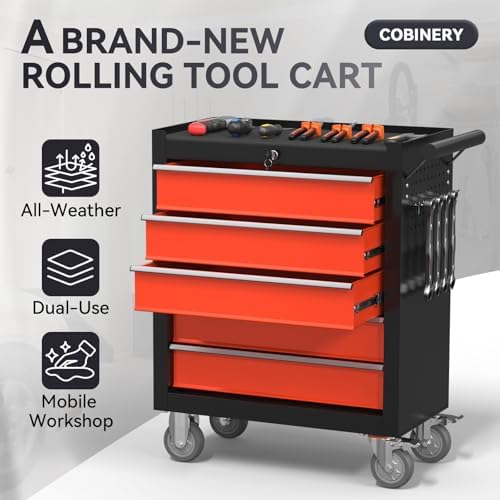 5-drawer rolling tool chest with wheels, metal tool, close-up detail