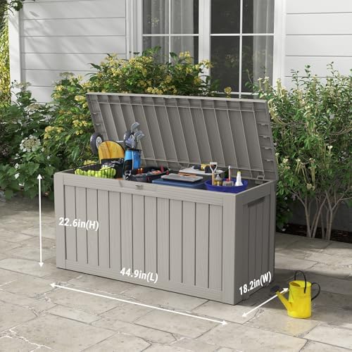 mars villa deck box, outdoor storage box waterproof shown in use