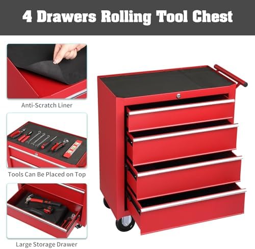 winado 4 drawer rolling tool cabinet, lockable steel showing dimensions