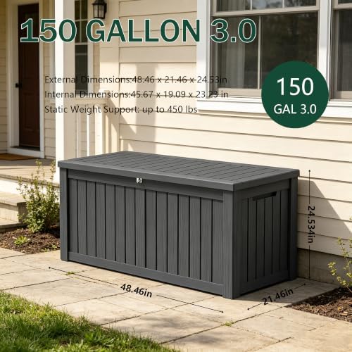 outdoor storage box, 150 gallon waterproof deck box shown in use