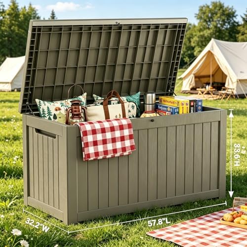 makino 275 gallon resin outdoor storage box, waterproof shown in use