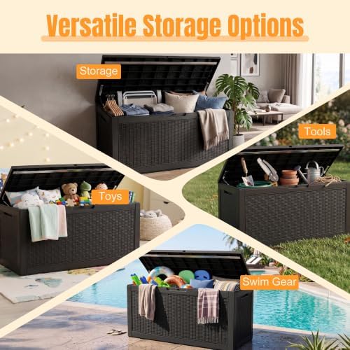outdoor storage box, 160 gallon waterproof resin deck showing dimensions
