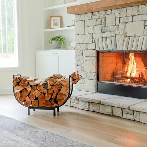 fireproof pros 32 inch curved firewood rack, black, side view