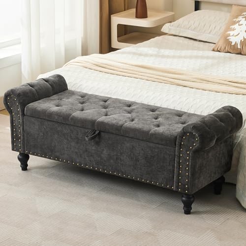 51" storage bench for bedroom, upholstered ottoman bench shown in use