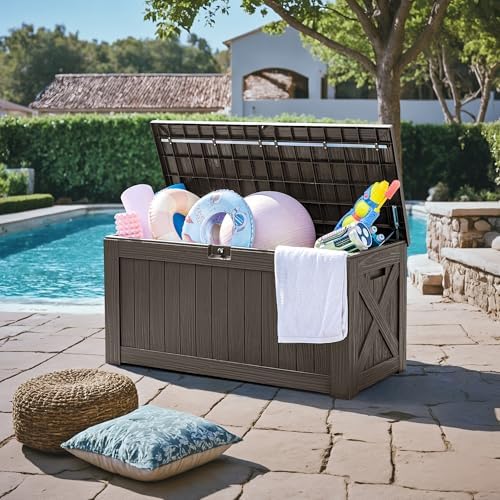 greesum 120 gallon deck box, resin outdoor storage showing dimensions