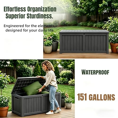 makino 151 gallon large resin outdoor storage box, front angle view