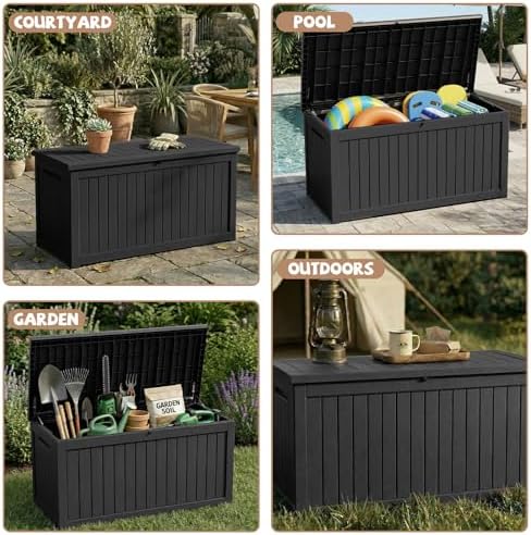 280 gallon outdoor storage deck box waterproof resin on a desk or shelf