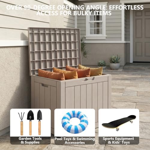 outdoor storage box, 35 gallon waterproof deck box on a desk or shelf
