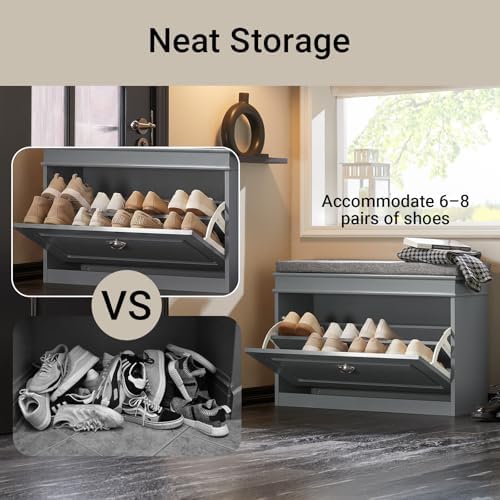 haotian shoe storage bench with cushion, grey narrow showing dimensions
