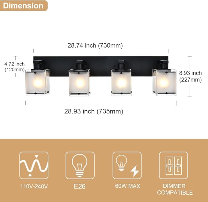 WINSHEN 4-Lights Bathroom Vanity Lighting Over Mirror, E26 Bulb Base - Image 4
