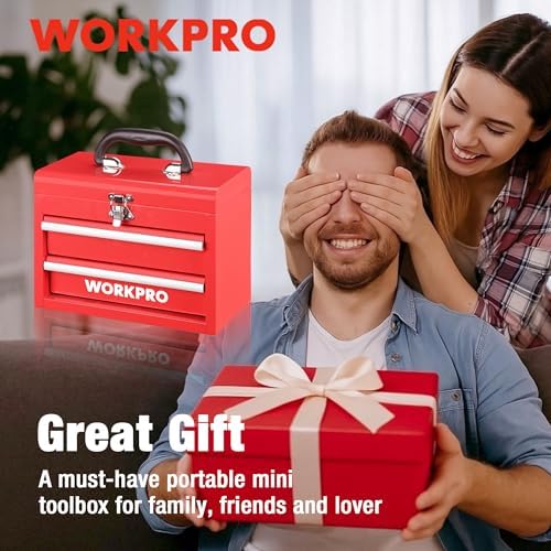 workpro portable mini metal tool box with 2, front angle view