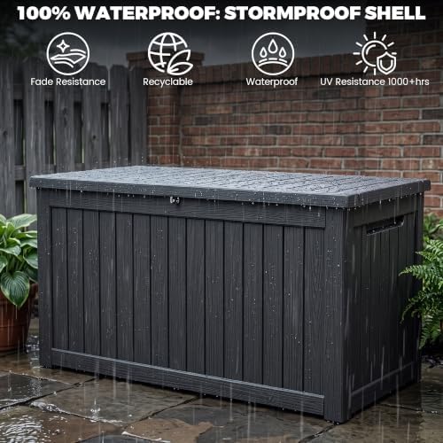 outdoor storage box, 270 gallon waterproof deck box showing dimensions