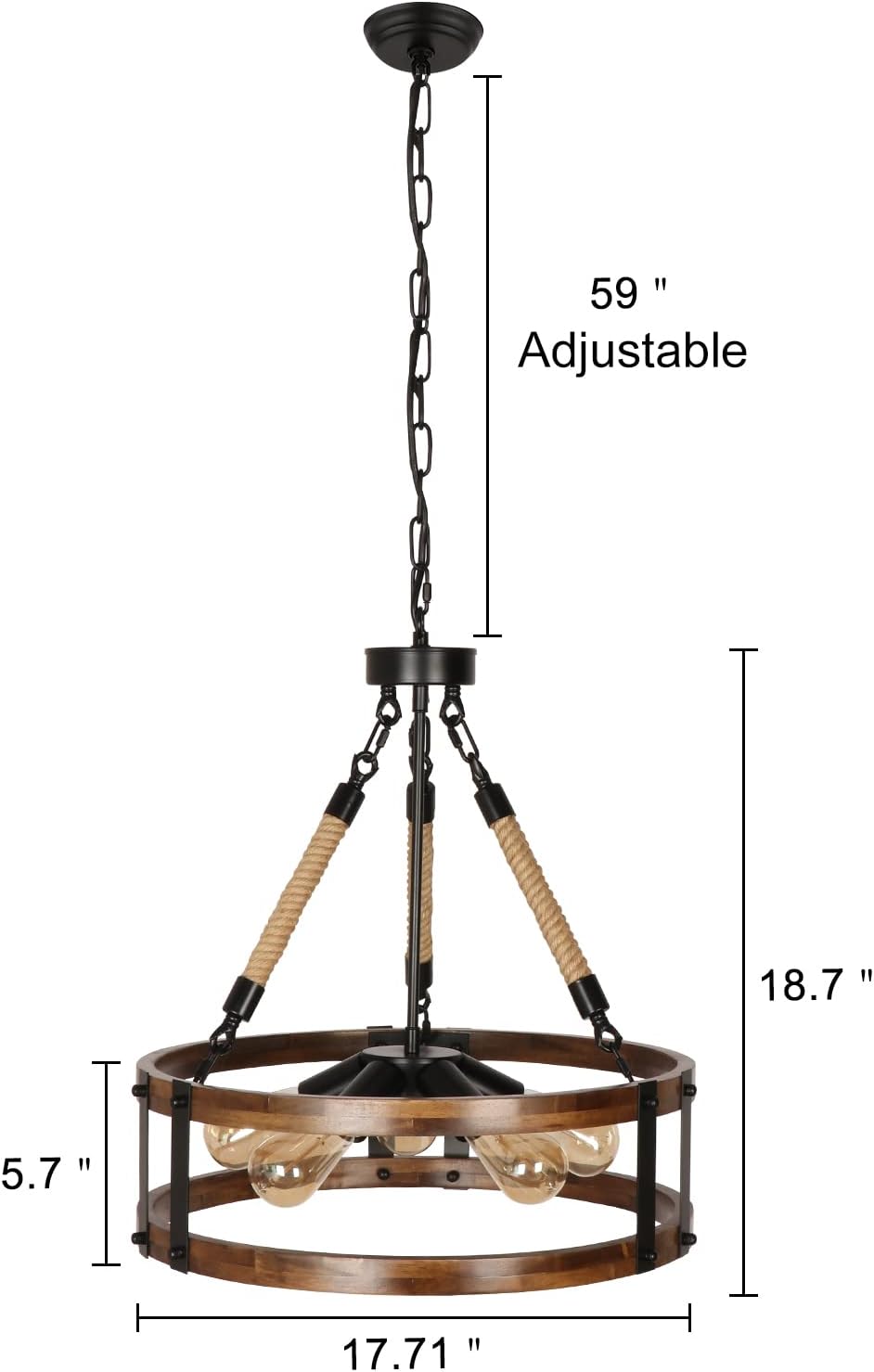 Farmhouse Rustic Chandelier Light Fixture, 5-Light Round Wooden Chandelier, Decorative Lighting Fixture for Dining Room Kitchen Island Breakfast Area