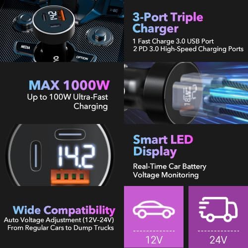 OLG 100W Car Charger – 3 Port Cargador para Carro – Cigarette Lighter USB Fast - Image 2