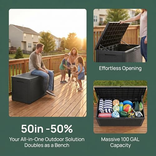 100 gallon deck box, waterproof resin rattan outdoor, side view