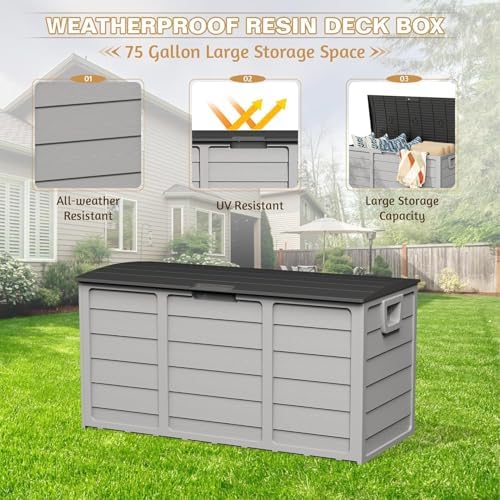 suncrown 75 gallon deck storage box resin outdoor showing dimensions
