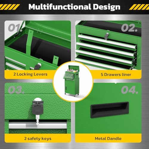 greenvelly tool chest, 5-drawer rolling tool chest with, side view