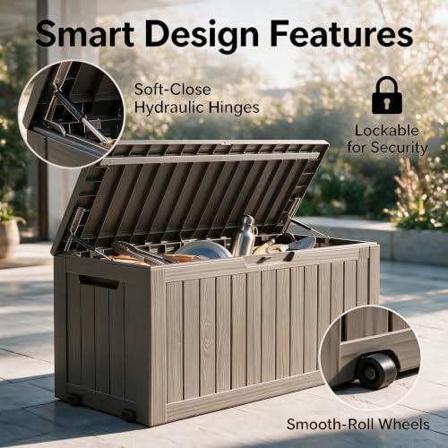 92 gal deck box,waterproof resin outdoor storage gas, side view