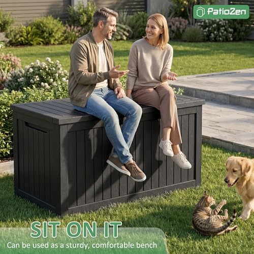patiozen 310 gallon deck box lockable waterproof uv on a desk or shelf