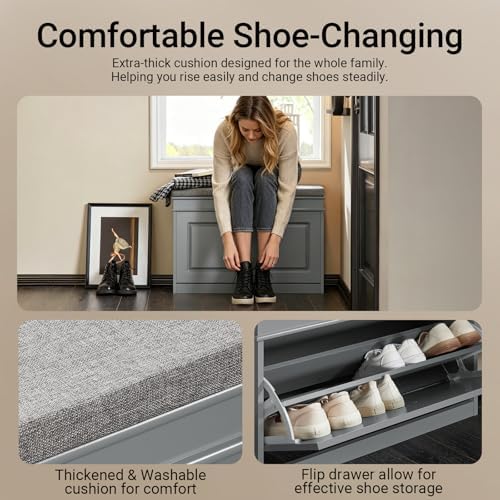 haotian shoe storage bench with cushion, grey narrow, side view