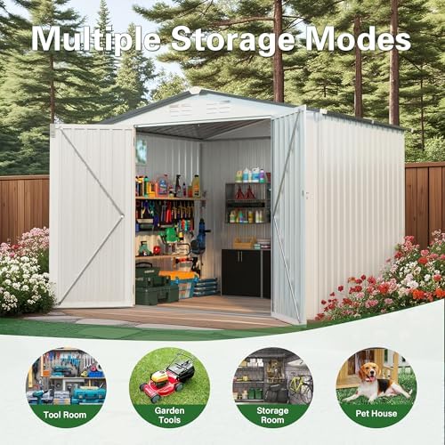 8x6 ft outdoor storage shed, metal garden shed on a desk or shelf