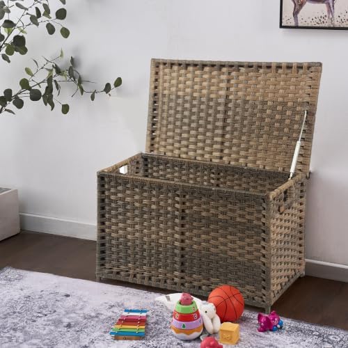 wicker storage trunk, large storage basket with lid shown in use