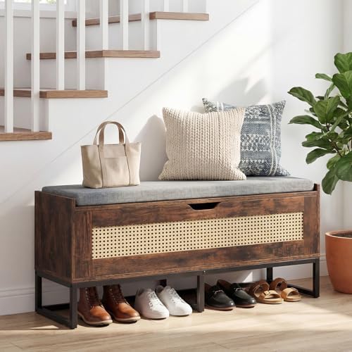 giantex rattan shoe bench, flip-top entryway bench with, side view
