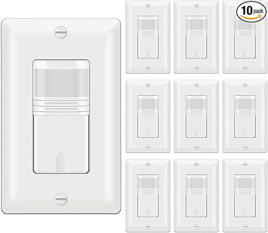 BESTTEN 10 Pack Motion Sensor Light Switch, Single Pole PIR Sensor Wall Switch by BESTTEN
