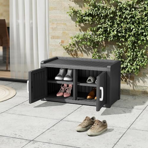 outdoor shoe storage bench with 2 doors, waterproof shown in use