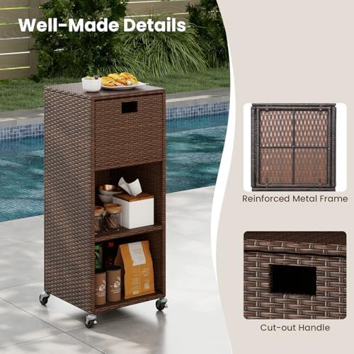 tangkula rattan outdoor storage cabinet with 4 wheels, view 9