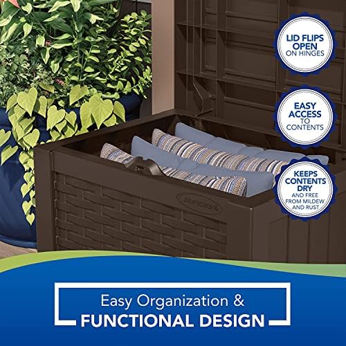 suncast 22 gal, small outdoor storage deck box showing dimensions