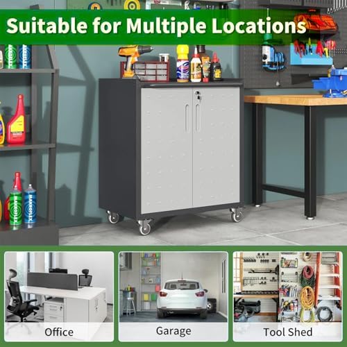 garage tool storage cabinet with wheels & 2 on a desk or shelf
