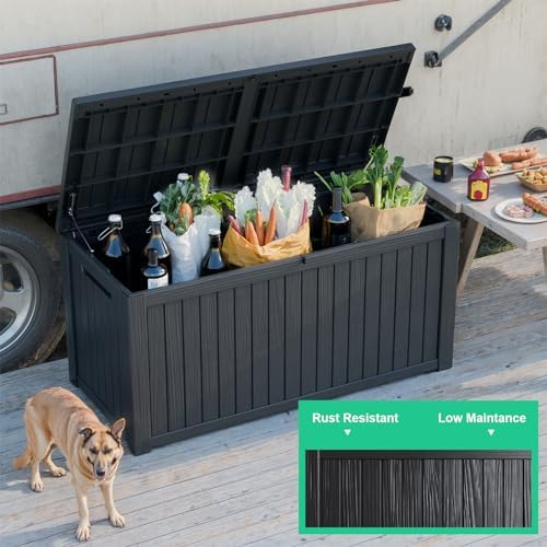 180 gallon deck box, waterproof resin outdoor storage on a desk or shelf