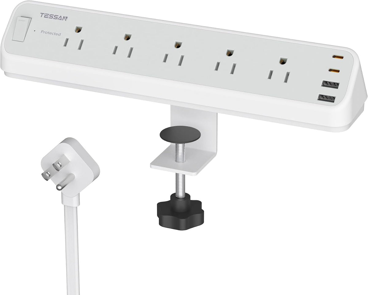 TESSAN Desk Clamp Power Strip 6 Ft, 2100J Surge Protector, 5 Outlets and 4 USB