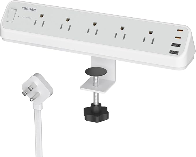 TESSAN Desk Clamp Power Strip 6 Ft, 2100J Surge Protector, 5 Outlets and 4 USB by TESSAN