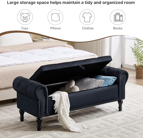 storage bench for bedroom, 51" upholstered end of, side view