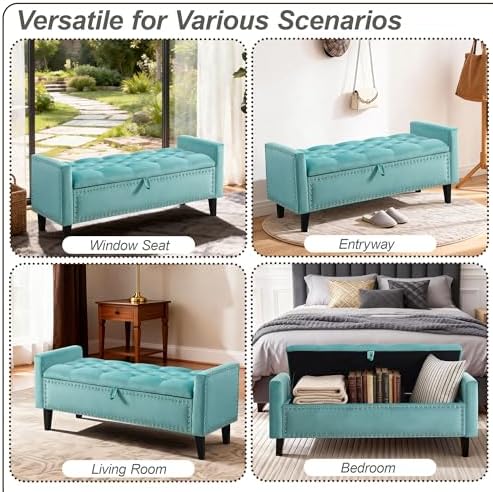 47in velvet storage ottoman bench with arms, upholstered showing dimensions
