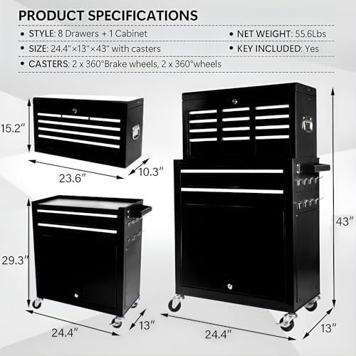 dawmilon 8-drawer rolling tool chest, detachable 2-in-1 tool, close-up detail