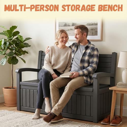 100 gallon outdoor storage bench, lockable for patio on a desk or shelf